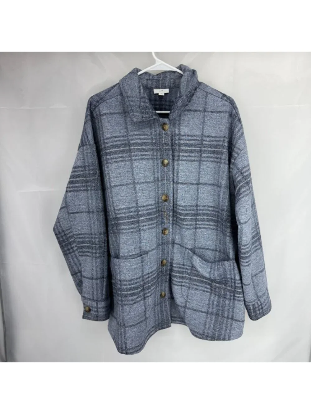 J Jill Women XL Shacket Shirt Jacket Blue Plaid Button Front Thick Flannel Warm